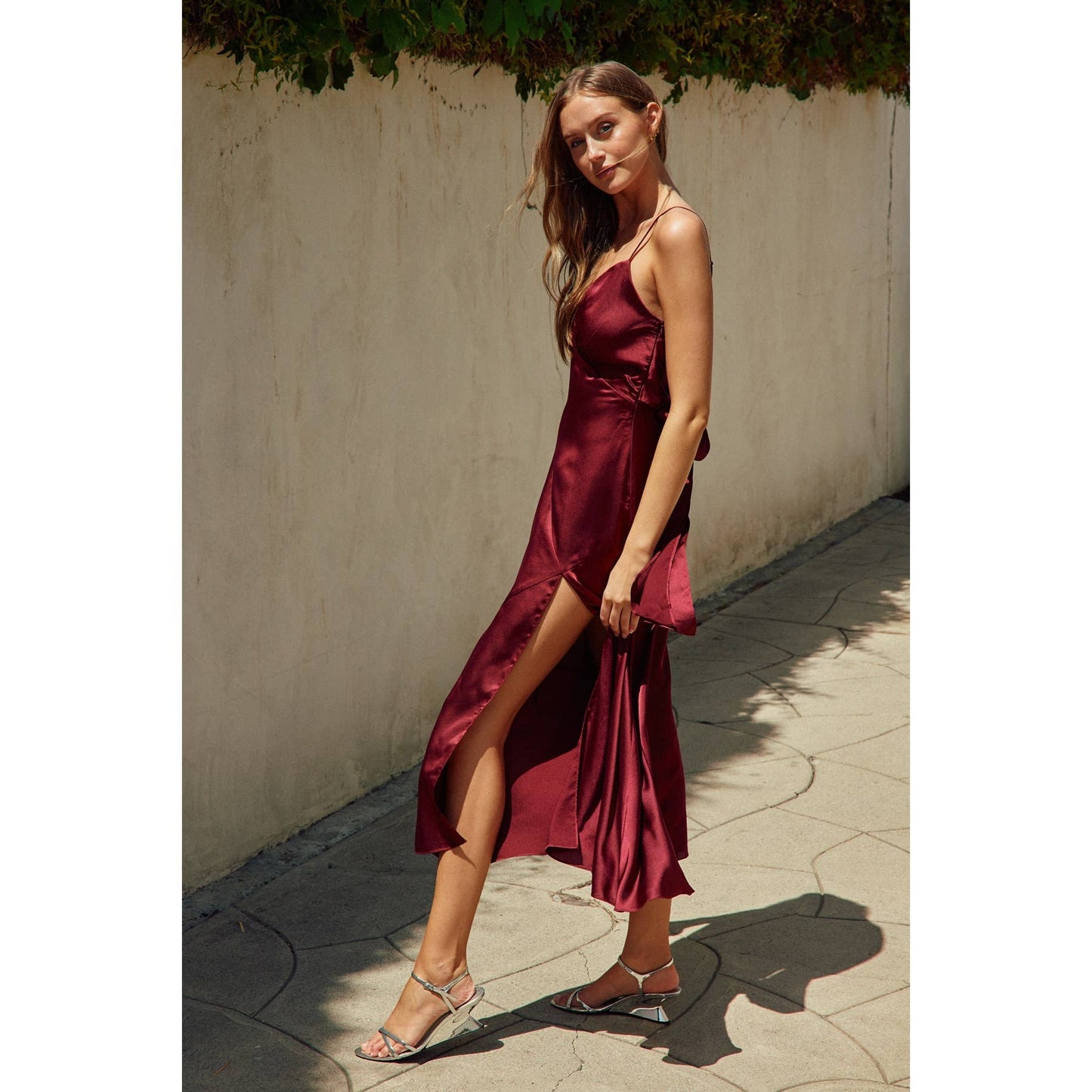 Claret Satin Midi Dress