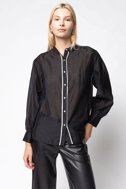 Button-up Blouse With Lace Trim Detailing