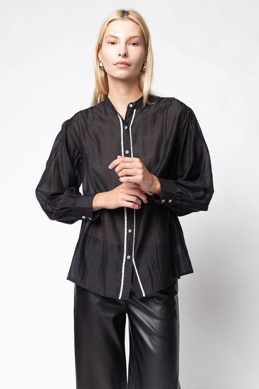 Button-up Blouse With Lace Trim Detailing