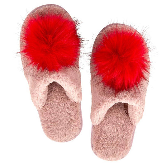 Plush Slippers w Red Pom Pom