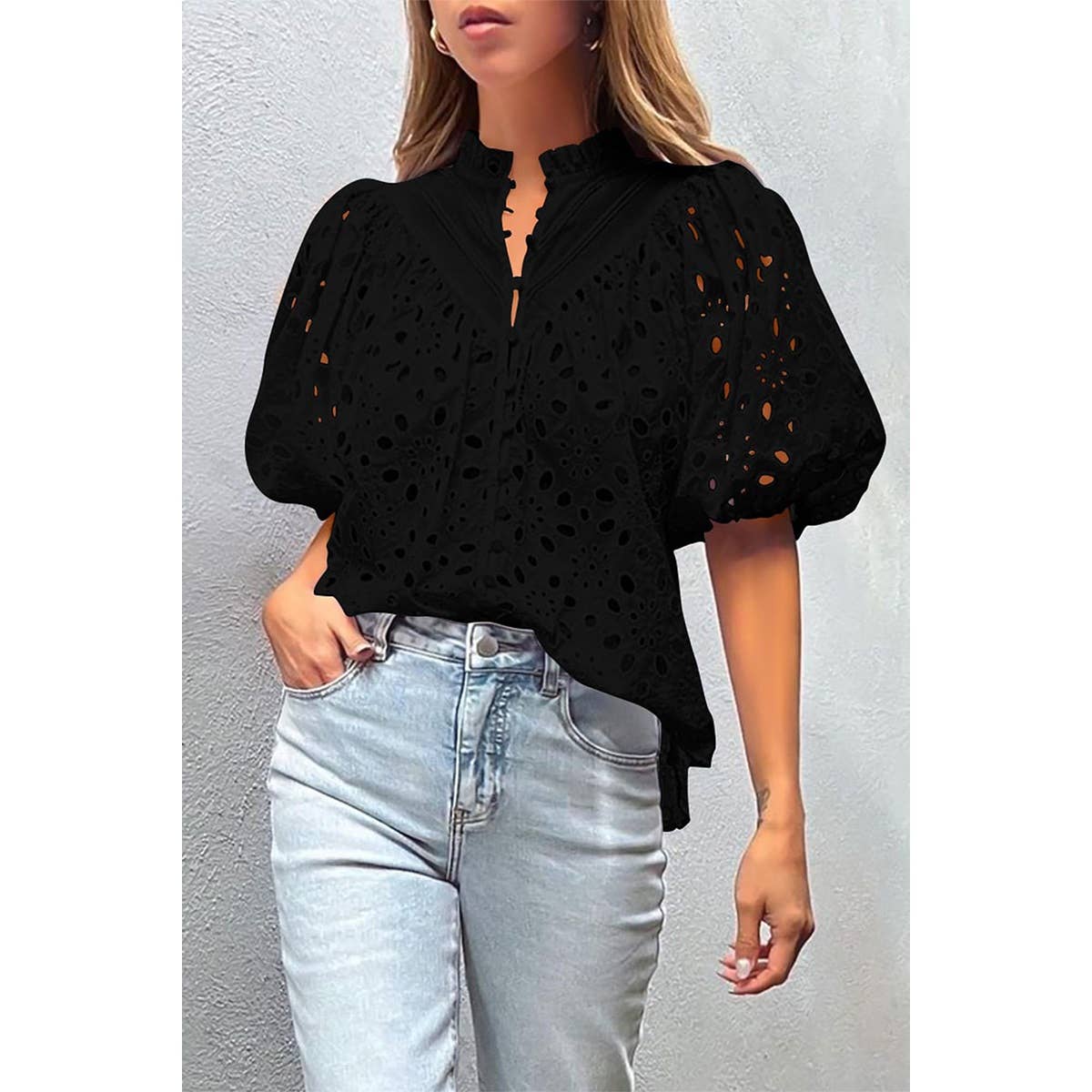 Button Hollow Out Puff Sleeve  *ships Monday