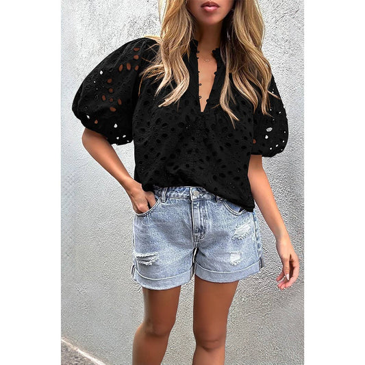 Button Hollow Out Puff Sleeve  *ships Monday