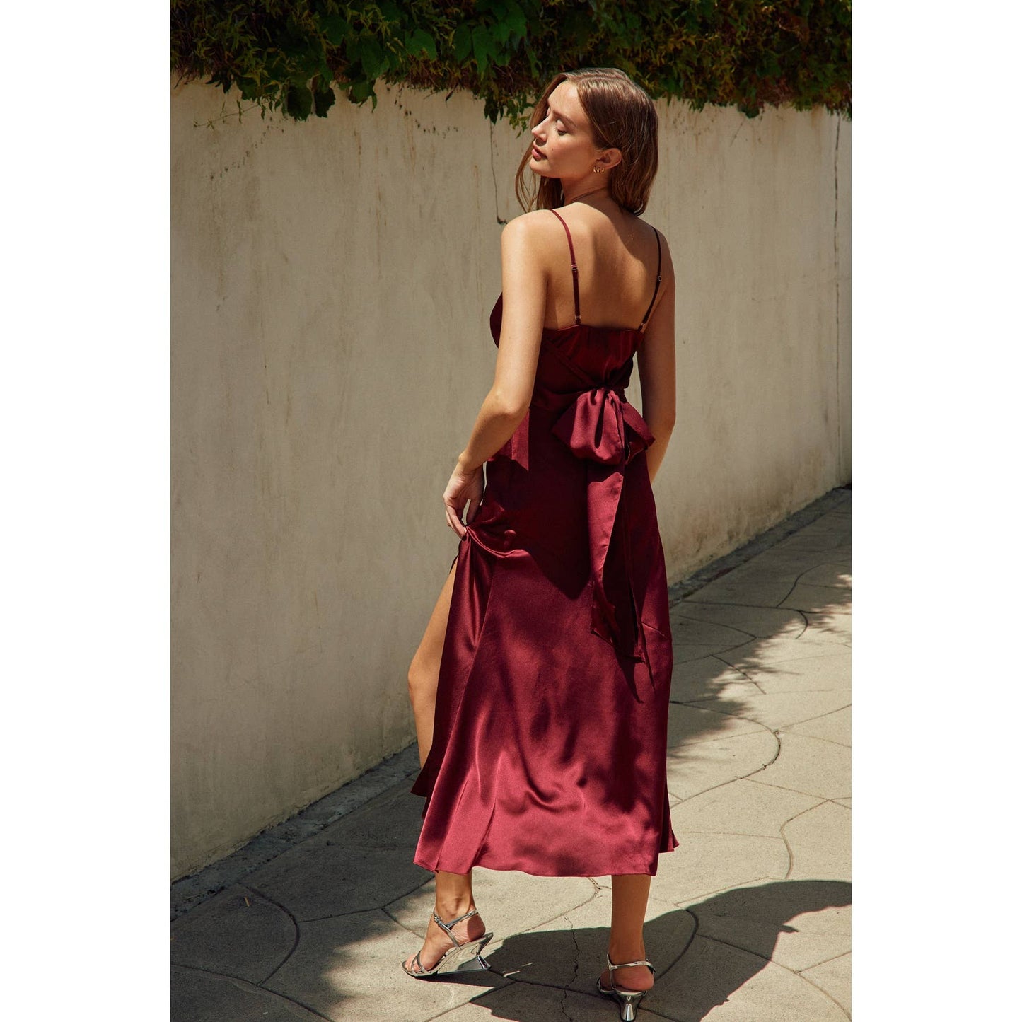Claret Satin Midi Dress